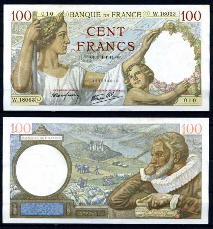 Франция 1941 г. (09.01) • P# 94 • 100 франков • Максимильен де Бетюн • регулярный выпуск • UNC пресс