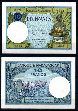 Мадагаскар 1937-1947 гг. • P# 36 • 10 франков • девушка с фруктами • регулярный выпуск • UNC пресс-