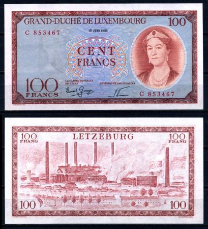 Люксембург 1956 г. • P# 50 • 100 франков • герцогиня Шарлотта • регулярный выпуск • UNC пресс