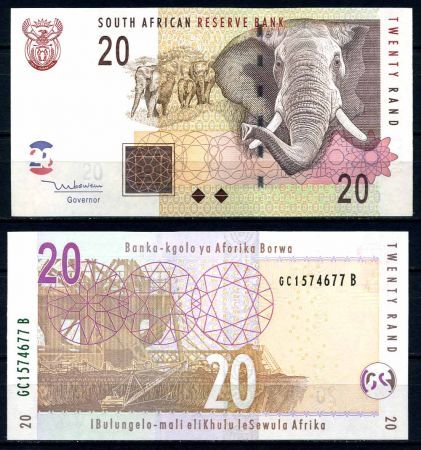 Южная Африка • ЮАР 2005 г. • P# 129 • 20 рандов • слоны • регулярный выпуск • UNC пресс