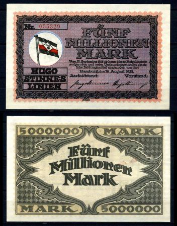 Гамбург 1923 г. • 5 млн. марок • флаги • UNC пресс