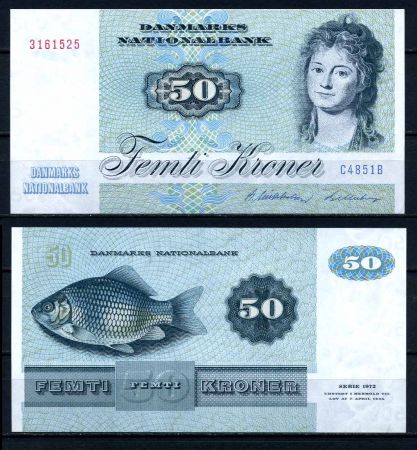 Дания 1985 г. • P# 50c • 50 крон • рыба • регулярный выпуск • UNC пресс