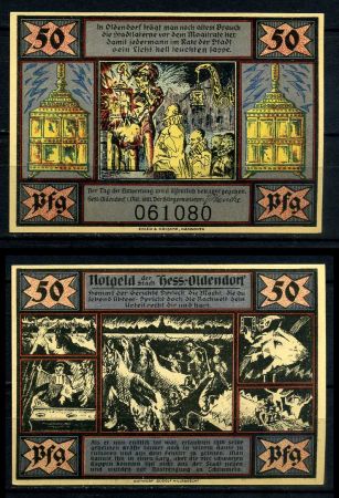 Германия • Хессиш-Ольдендорф 1921 г. • 50 пфеннигов • фонарщик • сцены ужасов • нотгельд • UNC пресс