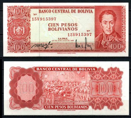 Боливия 1962 г. • P# 164A • 100 песо • Симон Боливар • принятие акта независимости • регулярный выпуск • UNC пресс