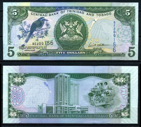 Тринидад и Тобаго 2006 г. • P# 47 • 5 долларов • государственный герб • здание нацбанка • регулярный выпуск • UNC пресс
