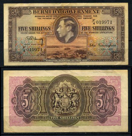 БЕРМУДЫ 1937г. P# 8b / 5 ШИЛЛИНГОВ F-VF / ГЕРБЫ КОРАБЛИ