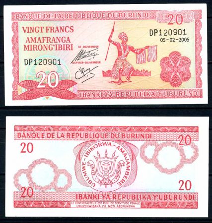 Бурунди 2005 г. • P# 27d • 20 франков • воин с копьем • регулярный выпуск • UNC пресс