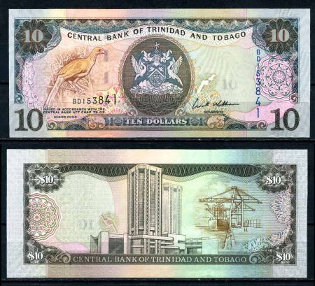Тринидад и Тобаго 2006 г. • P# 43 • 10 долларов • государственный герб • здание нацбанка • регулярный выпуск • UNC пресс