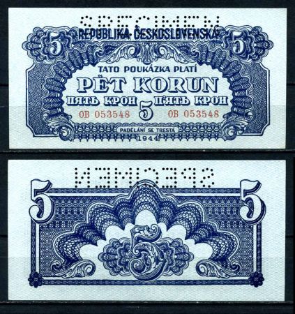 ЧЕХОСЛОВАКИЯ 1944г. P# 46s / 5 КРОН UNC ПРЕСС / SPECIMEN