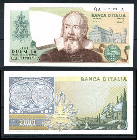 ИТАЛИЯ 1973г. P# 103a / 2000 ЛИР - ГАЛИЛЕЙ - UNC ПРЕСС / АРХИТЕКТУРА