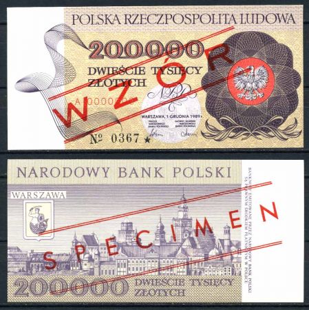 Польша 1990 г. • P# 155s • 200000 злотых • Варшава • регулярный выпуск • образец • UNC пресс