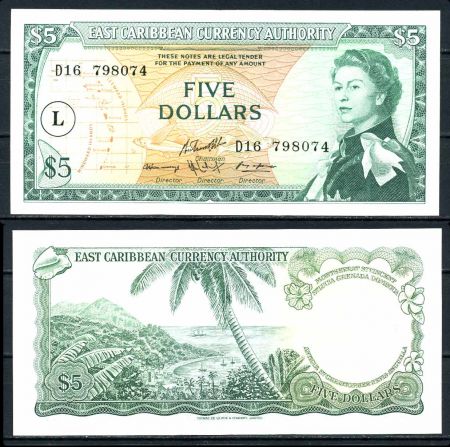 Восточные Карибы 1965 г. L • P# 14l • 5 долларов • Елизавета II • регулярный выпуск • AU+