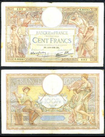 Франция 1938 г. • P# 86b • 100 франков • регулярный выпуск • F-VF