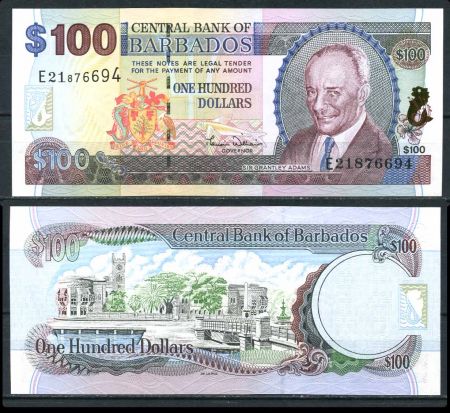 Барбадос 2000 г. • P# 65 • 100 долларов • Сэр Грэнтли Герберт Адамс • регулярный выпуск • UNC пресс