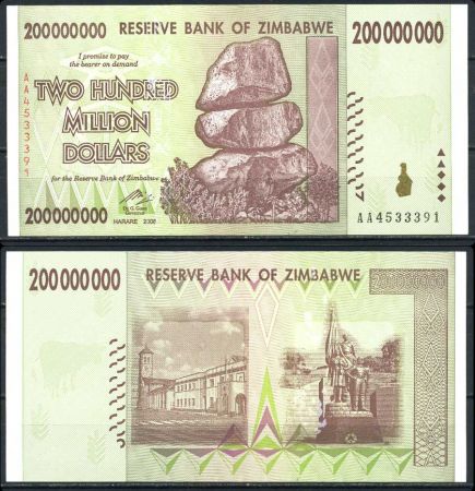 ЗИМБАБВЕ 2008г. P# 81 / 200 млн. ДОЛЛАРОВ UNC ПРЕСС / ФАУНА