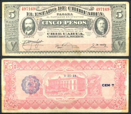 Мексика Штаты и провинции • Чиуауа 1915 г. • P# s531a • 5 песо • регулярный выпуск • XF+