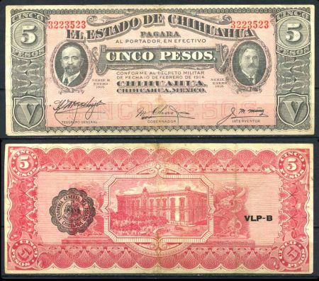 Мексика Штаты и провинции • Чиуауа 1915 г. • P# s532a • 5 песо • печать Соноры(синяя) • регулярный выпуск • XF