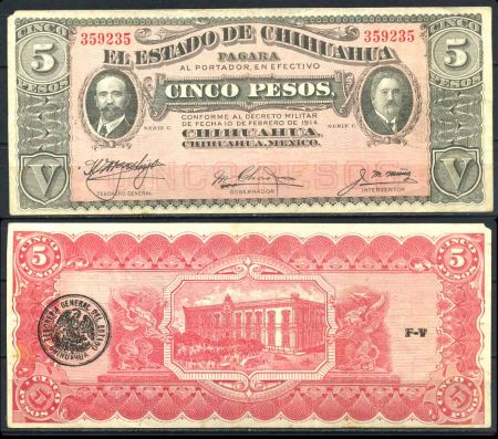Мексика Штаты и провинции • Чиуауа 1915 г. • P# s531d • 5 песо • регулярный выпуск • XF*
