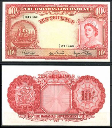 БАГАМЫ 1953г. P#14d / 10 ШИЛЛИНГОВ UNC ПРЕСС / ГЕРБЫ КОРАБЛИ