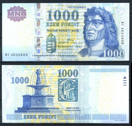 Венгрия 2009 г. • P# 197a • 1000 форинтов • король Матьяш I • регулярный выпуск • UNC пресс