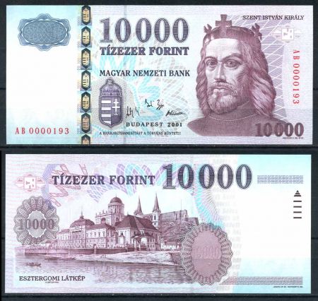Венгрия 2001 г. • P# 192a • 10000 форинтов • король Иштван I Святой • регулярный выпуск • UNC пресс 