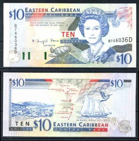 Восточные Карибы • Доминика 1994 г. • P# 32d • 10 долларов • Елизавета II • парусник • регулярный выпуск • UNC пресс ( кат. - $ 70 )