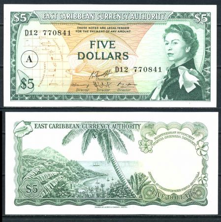 Восточные Карибы • Антигуа 1965 г. • P# 14i • 5 долларов • Елизавета II • вид на бухту • регулярный выпуск • UNC пресс ( кат. - $ 75 )