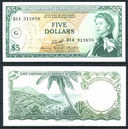 Восточные Карибы • Гренада 1965 г. • P# 14k • 5 долларов • Елизавета II • вид на бухту • регулярный выпуск • UNC пресс ( кат. - $75 )