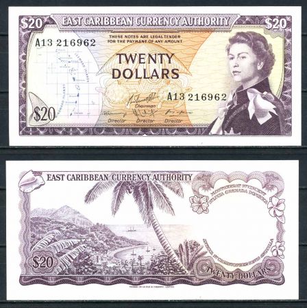 Восточные Карибы 1965 г. • P# 15g • 20 долларов • Елизавета II • пальма на пляже • подписи № 10 • регулярный выпуск • UNC пресс