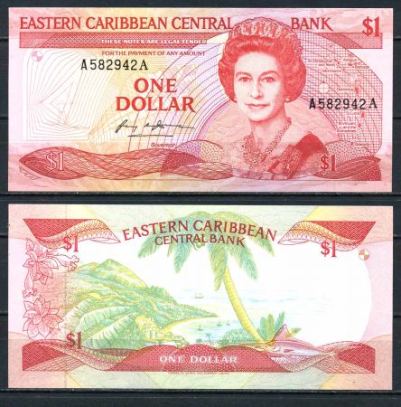 Восточные Карибы • Антигуа 1985-1988 гг. • P# 17a • 1 доллар • Елизавета II • вид на бухту • регулярный выпуск • UNC пресс ( кат. - $37.5 )