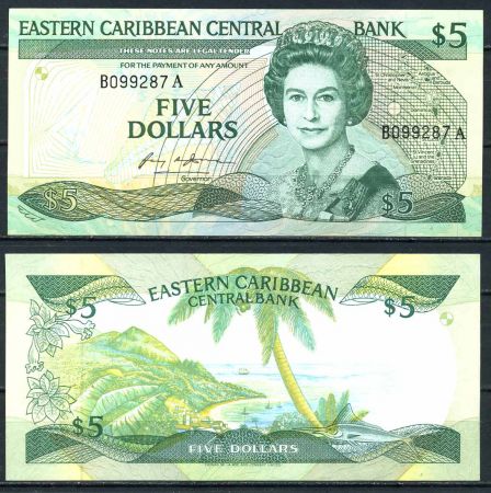 Восточные Карибы • Антигуа 1985-1988 гг. • P# 18a • 5 долларов • Елизавета II • вид на бухту • регулярный выпуск • UNC пресс ( кат. - $ 60 )