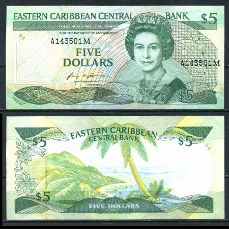 Восточные Карибы • Монтсеррат 1986-1988 гг. • P# 18m • 5 долларов • Елизавета II • вид на бухту • регулярный выпуск • UNC пресс ( кат. - $ 60 )