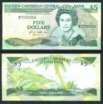 Восточные Карибы • Антигуа 1988-1993 гг. • P# 22a1 • 5 долларов • Елизавета II • вид на бухту • регулярный выпуск • UNC пресс ( кат. - $ 60 )
