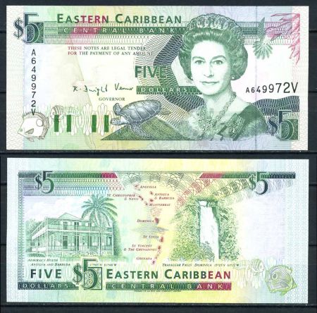 Восточные Карибы • Сент-Винсент 1993 г. • P# 26v • 5 долларов • Елизавета II • адмиральский дом, водопад • регулярный выпуск • UNC пресс ( кат. - $ 60 )