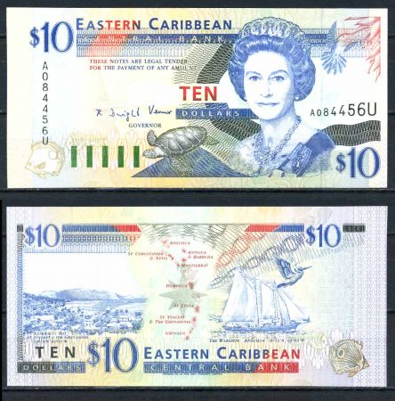Восточные Карибы • Ангилья 1994 г. U • P# 32u • 10 долларов • Елизавета II • карта островов, парусник • регулярный выпуск • UNC пресс ( кат. - $ 70 )