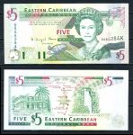 Восточные Карибы • Сент-Китс 1994 г. • P# 31k • 5 долларов • Елизавета II • карта островов, водопад • регулярный выпуск • UNC пресс ( кат. - $ 50 )