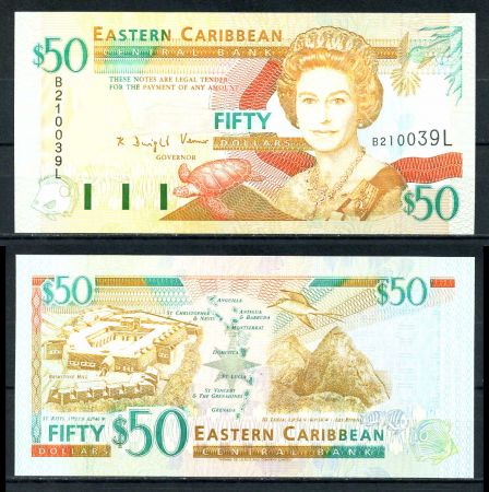 Восточные Карибы • Сент-Люсия 1994 г. L • P# 34l • 50 долларов • Елизавета II • карта островов, форт • регулярный выпуск • UNC пресс ( кат. - $ 220 )