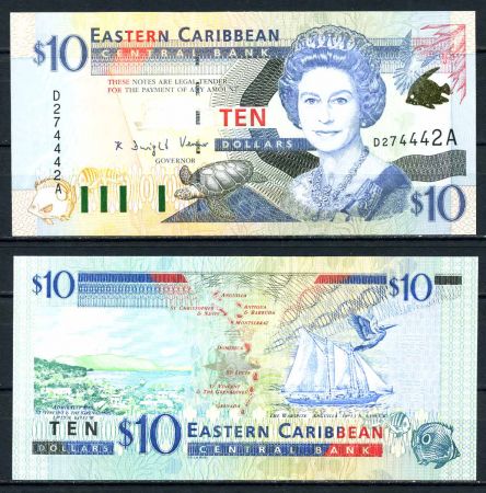 Восточные Карибы • Антигуа 2000 г. • P# 38a • 10 долларов • Елизавета II • парусник • регулярный выпуск • UNC пресс ( кат. - $50 )