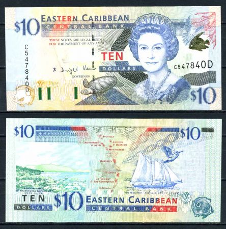 Восточные Карибы • Доминика 2000 г. • P# 38d • 10 долларов • Елизавета II • парусник • регулярный выпуск • UNC пресс ( кат. - $ 50 )
