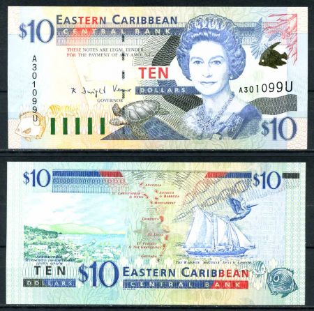 Восточные Карибы • Ангилья 2000 г. U • P# 38u • 10 долларов • Елизавета II • карта островов, парусник • регулярный выпуск • UNC пресс ( кат. - $ 50 )