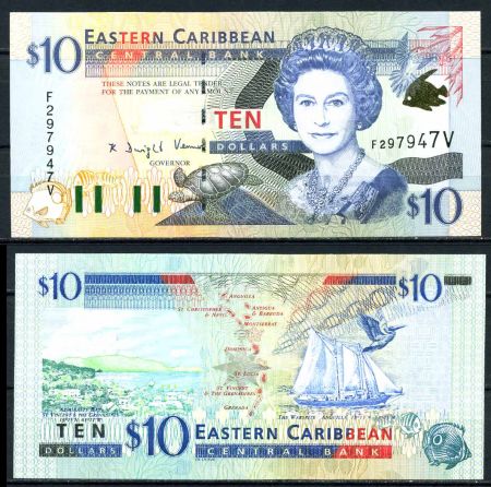 Восточные Карибы • Сент-Винсент 2000 г. V • P# 38v • 10 долларов • Елизавета II • карта островов, парусник • регулярный выпуск • UNC пресс ( кат. - $ 50 )