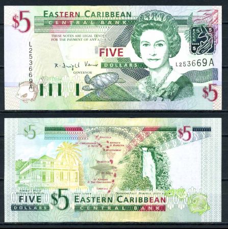 Восточные Карибы • Антигуа 2003 г. • P# 42a • 5 долларов • Елизавета II • адмиральский дом, водопад • регулярный выпуск • UNC пресс ( кат. - $ 25 )