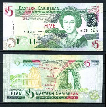Восточные Карибы • Сент-Китс 2003 г. • P# 42k • 5 долларов • Елизавета II • карта островов, водопад • регулярный выпуск • UNC пресс ( кат. - $ 25 )