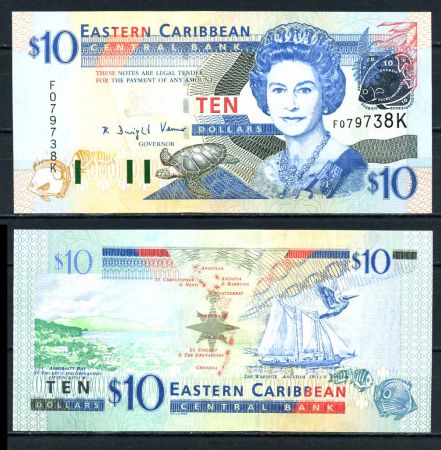 Восточные Карибы • Сент-Китс 2003 г. K • P# 43k • 10 долларов • Елизавета II • карта островов, парусник • регулярный выпуск • UNC пресс ( кат. - $ 35 )