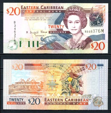 Восточные Карибы • Монтсеррат 2003 г. • P# 44M • 20 долларов • Елизавета II • дом правительства • регулярный выпуск • UNC пресс ( кат. - $ 70 )