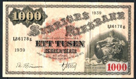 ШВЕЦИЯ 1939г. P# 38d / 1000 КРОН / VF