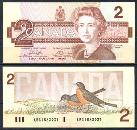 Канада 1986 г. • P# 94a • 2 доллара • Елизавета II • воробьи • регулярный выпуск • Crow-Bouey • UNC пресс