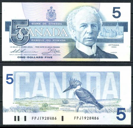Канада 1986 г. • P# 95b • 5 долларов • Елизавета II • зимородок • регулярный выпуск • Thiessen-Crow • UNC пресс