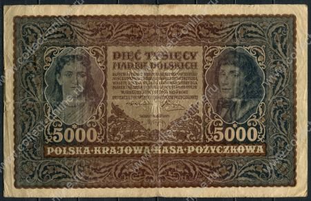Польша 1919 г. • P# 31 • 5000 марок • Королева Ядвига и Тадеуш Косцюшко • регулярный выпуск • F-VF