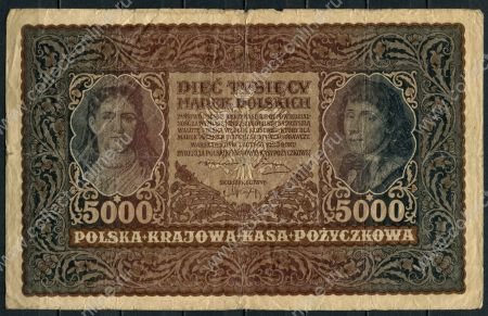 Польша 1919 г. • P# 31 • 5000 марок • Королева Ядвига и Тадеуш Косцюшко • регулярный выпуск • F